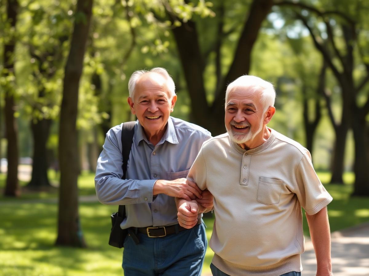 Two senior friends walking arm-in-arm in a sunny park