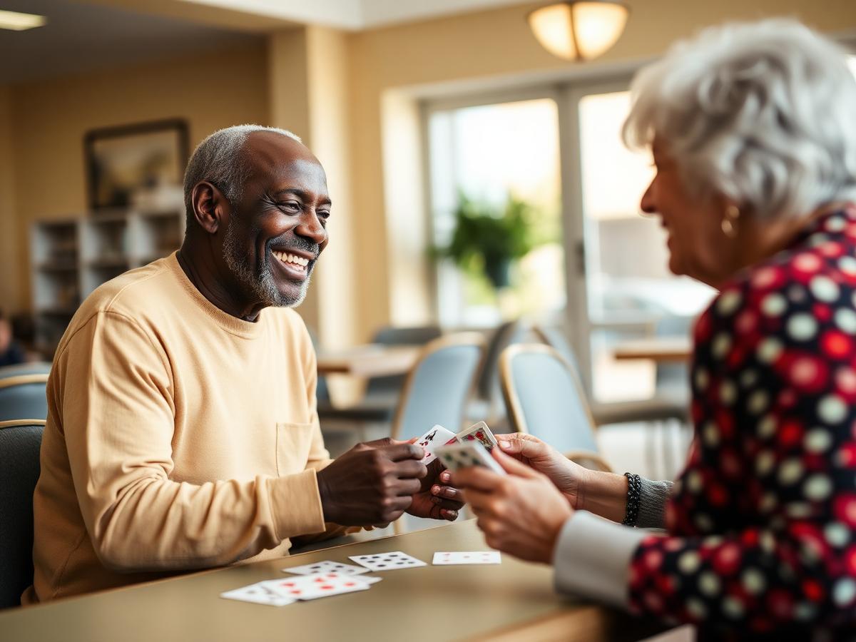 Two seniors playing cards and laughing together at a community center