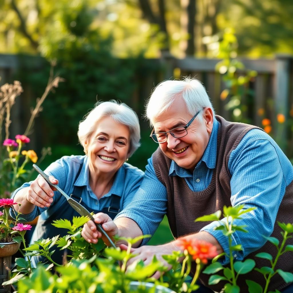 Senior couple gardening
