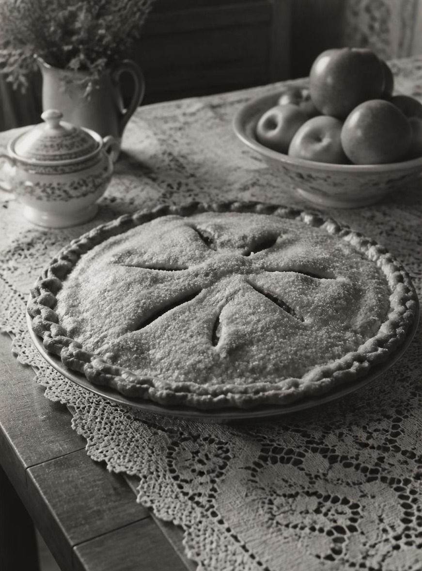 Vintage black and white photograph of an apple pie on a table